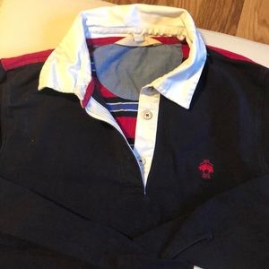 Brooks Brothers Red Fleece womens l/s Rugby shirt, navy front, pink striped back